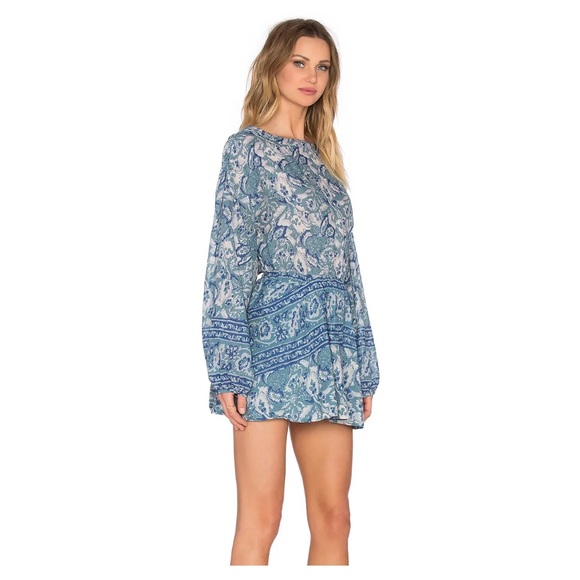 Free People Washed Blue Silver Sun Floral Blouson Open Back Mini Dress Size XS - Picture 5 of 16